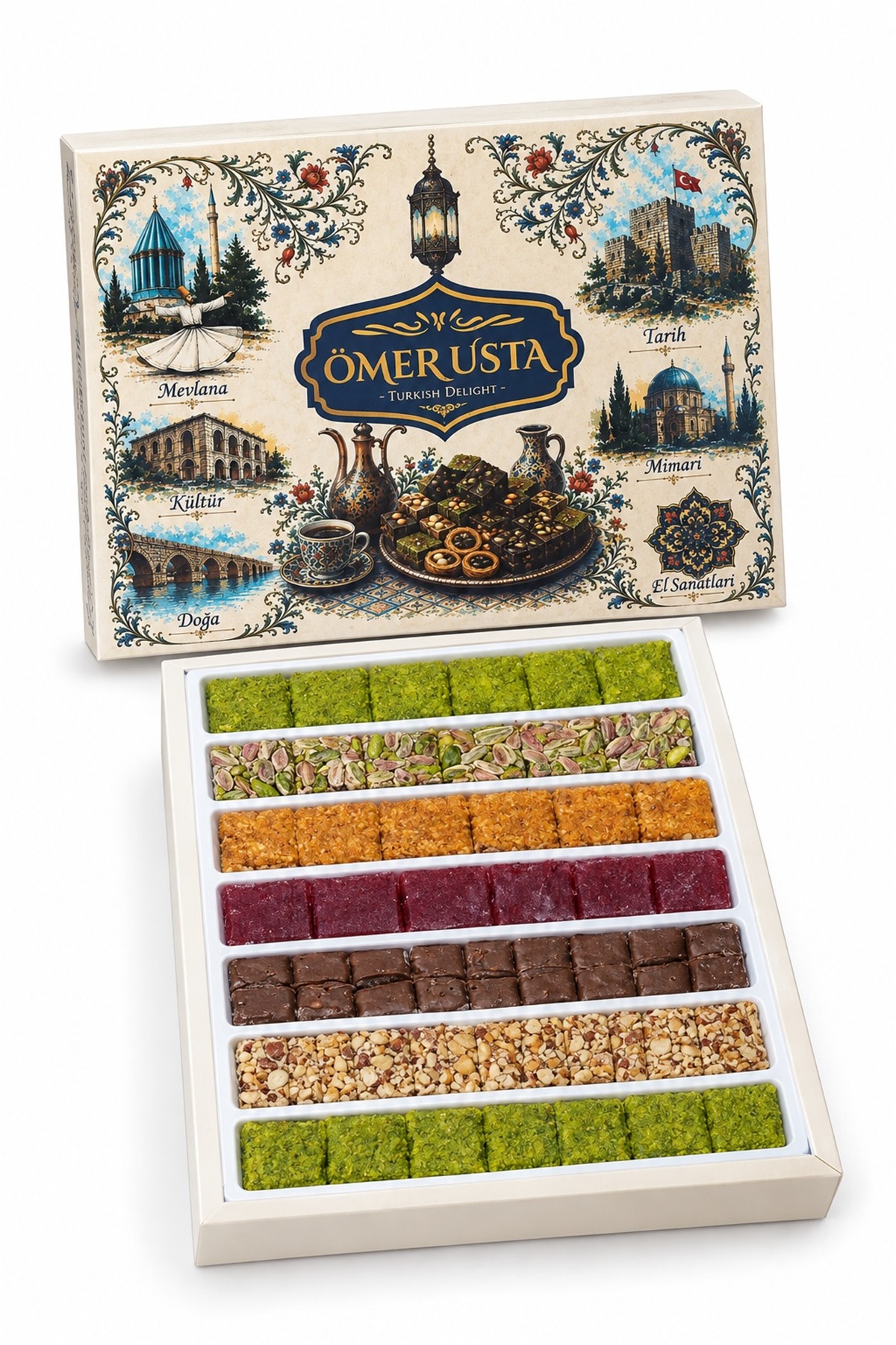 Ömer Usta Karışık Lüks Lokum 1 Kg Fıstıklı Fındıklı Çikolatalı Hediyelik Kutu
